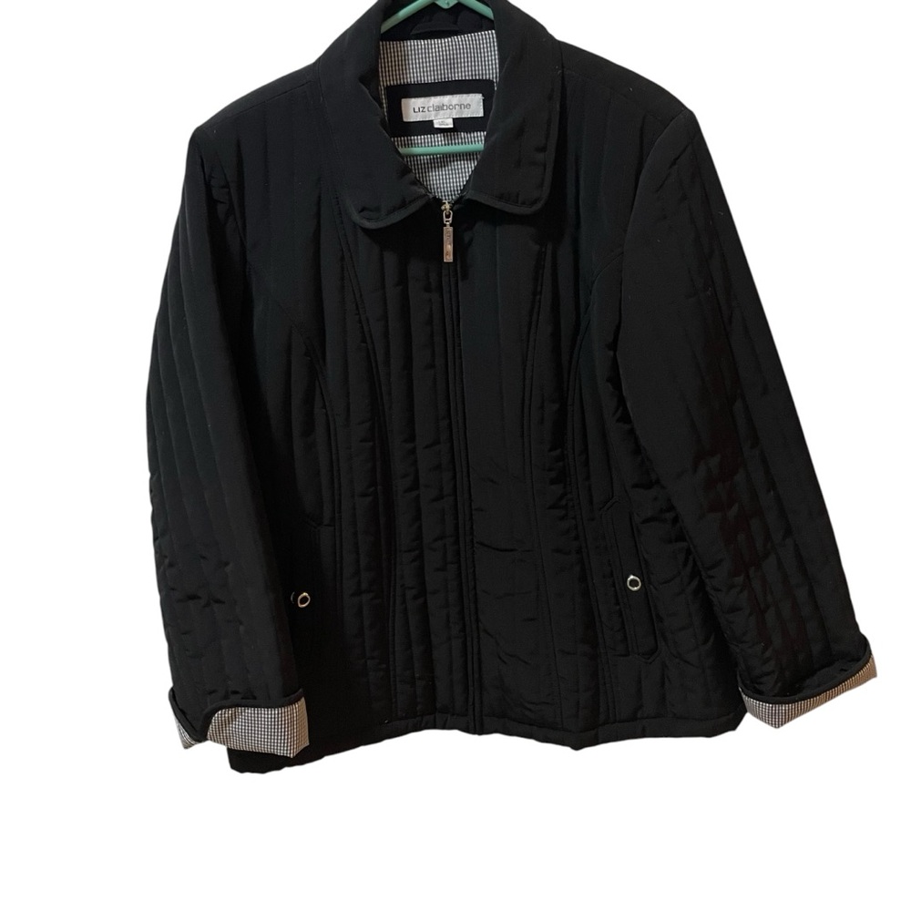 Liz Claiborne Womens Quilted Coat Size XL Black with Plaid Lining Full Zipper